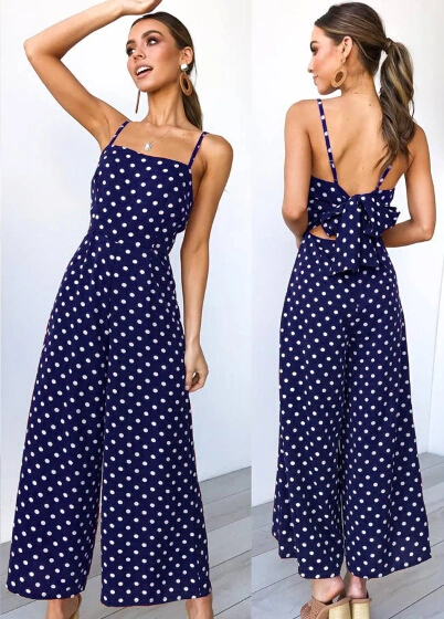 Women Summer Long Jumpsuit, Polka Dot Printed Sling Hollow Back Bow Romper