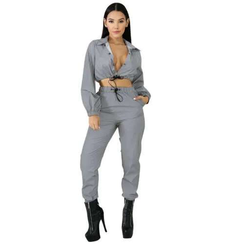 Women 2PCS Sportswear Suit, Reflective Crop Tops, Long Pants Set