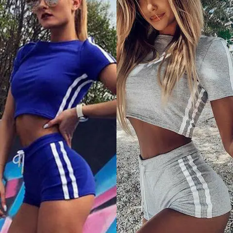 Women 2PCS Pants Set, Side-Striped Short Tops, Short Slim Pants
