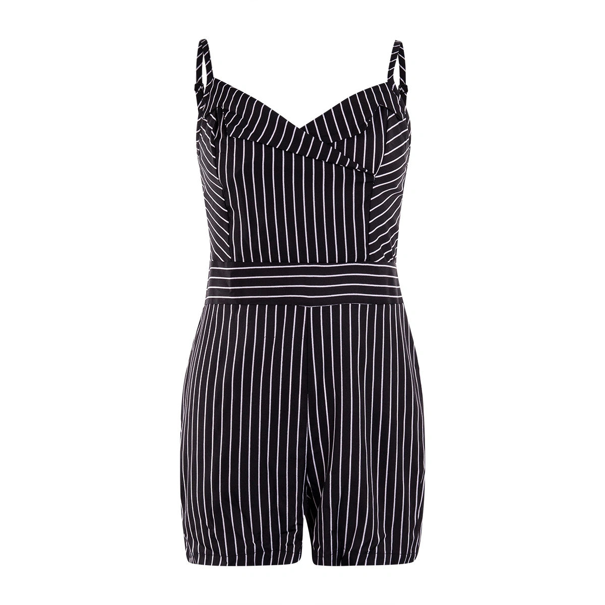 Female Suspenders Short Jumpsuit, Deep V-Neck Sling Stripe Printed Casual Romper