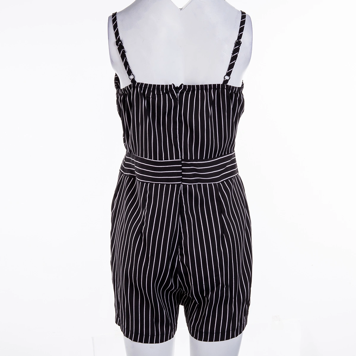 Female Suspenders Short Jumpsuit, Deep V-Neck Sling Stripe Printed Casual Romper