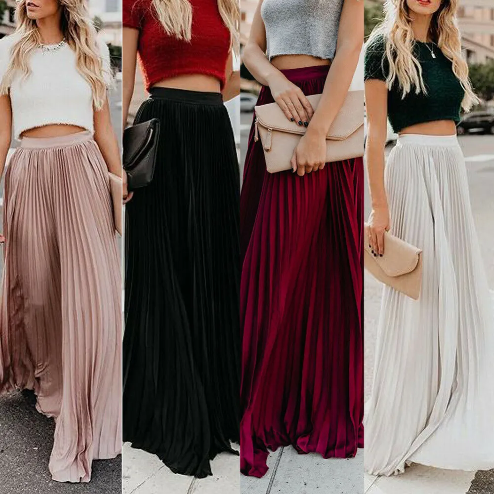 Women Long Skirt, Solid Color Elasticated Waist Wrap Maxi Pleated Skirts