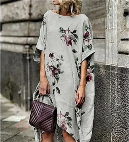 Women's Round Neck Floral Dress, Middle Sleeve Oversize Beach Dress