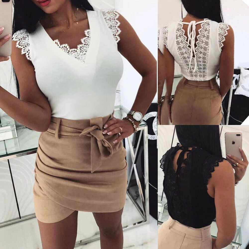 Ladies V Neck V-Shape Open Back Elegant Lace Tank Tops Blouses