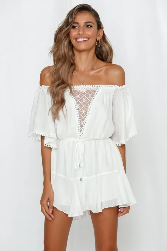 Women Sexy Playsuit Sheer Hairballs Off Shoulder Short Sleeve Playsuit