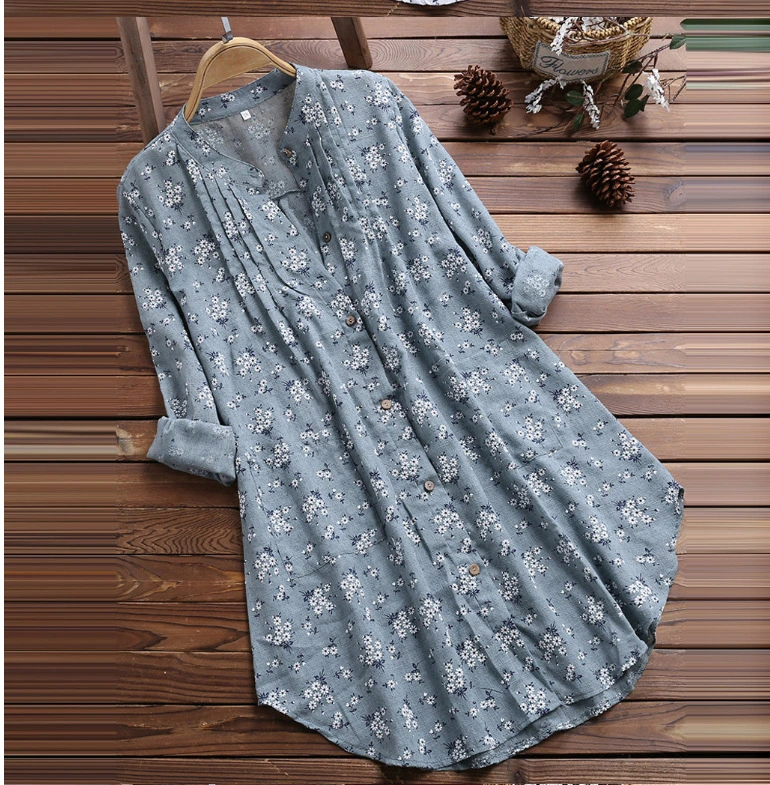 Women's Floral Printed Shirt Dress, Long Sleeve V-neck Loose Shirt