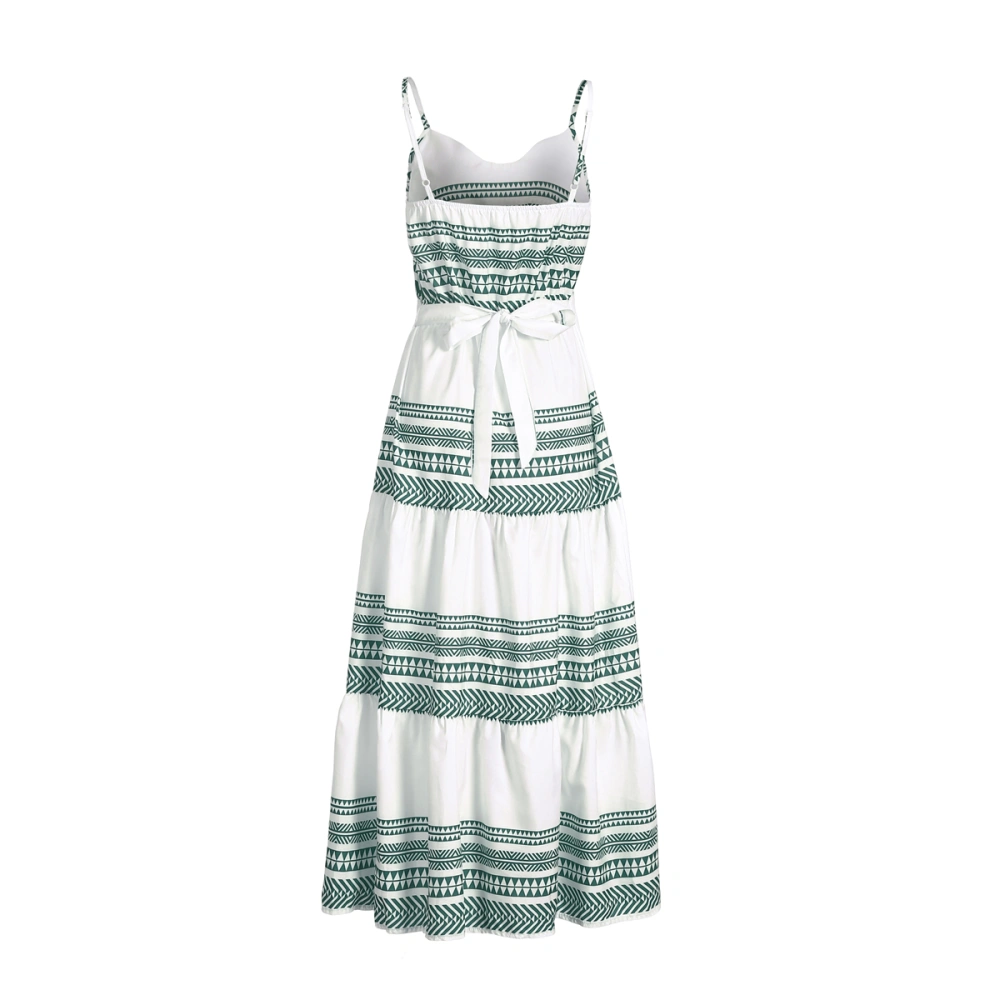 Women' s Bohemian Striped V-Neck Backless Sleeveless Dresses with Belt