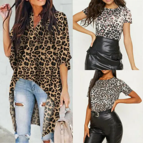 Women Flare Sleeve Blouse, Loose Leopard Tops, Irregular Hem Shirt