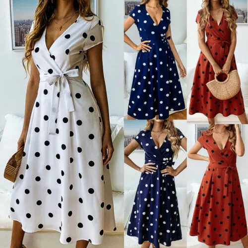 Women Summer Dress Short Sleeve V-Neck High Waist Polka Dot Maxi