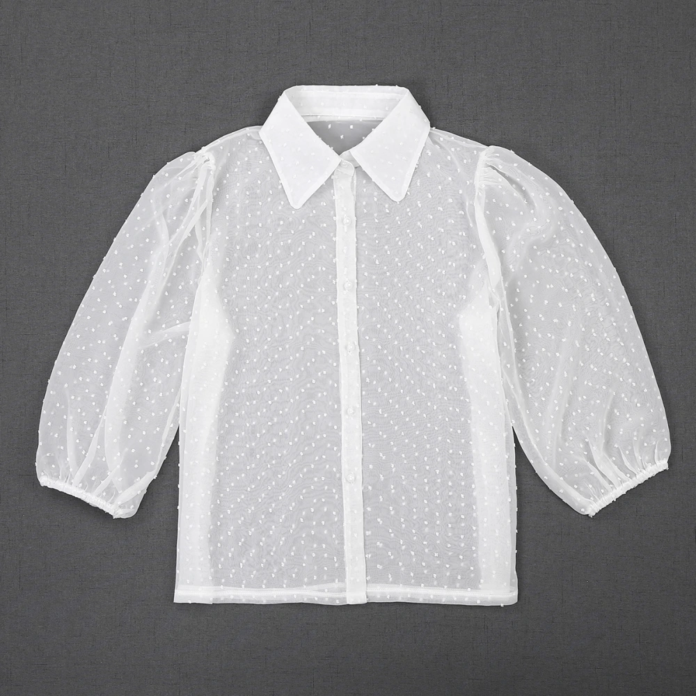 Women Blouse Long Sleeve Polka Dot Folded Collar Button-Down See Through Top