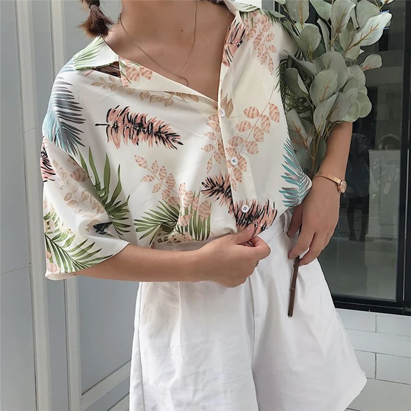 Women Summer Casual Loose Shirts Half Sleeve Leaves Print Blouse