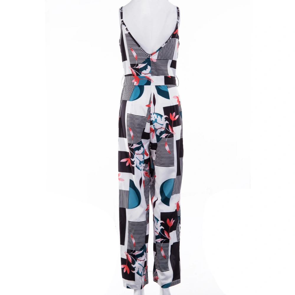 Women Summer Long Jumpsuit, Floral Printed Sling V-Neck Low Chest Loose Romper