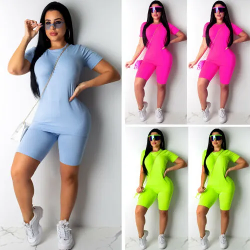 Women Sports Set Slim Solid Color Top Short High Waist Pants Tracksuit Set