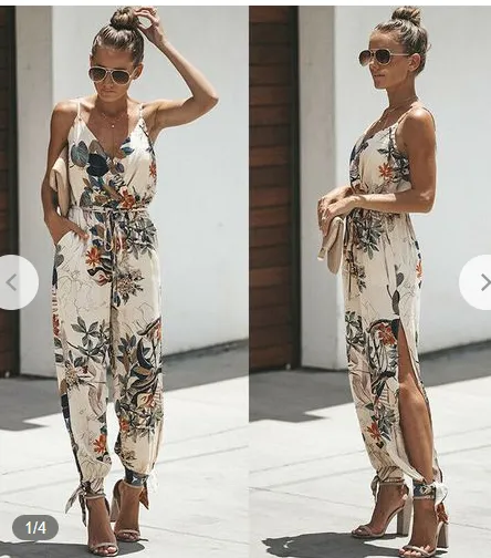 Women Summer Jumpsuit, Solid Color/Floral Loose Wide Leg Long Outfit