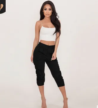 Women Cropped Pants, Solid Color Side Pockets High Waist Cargo Pants