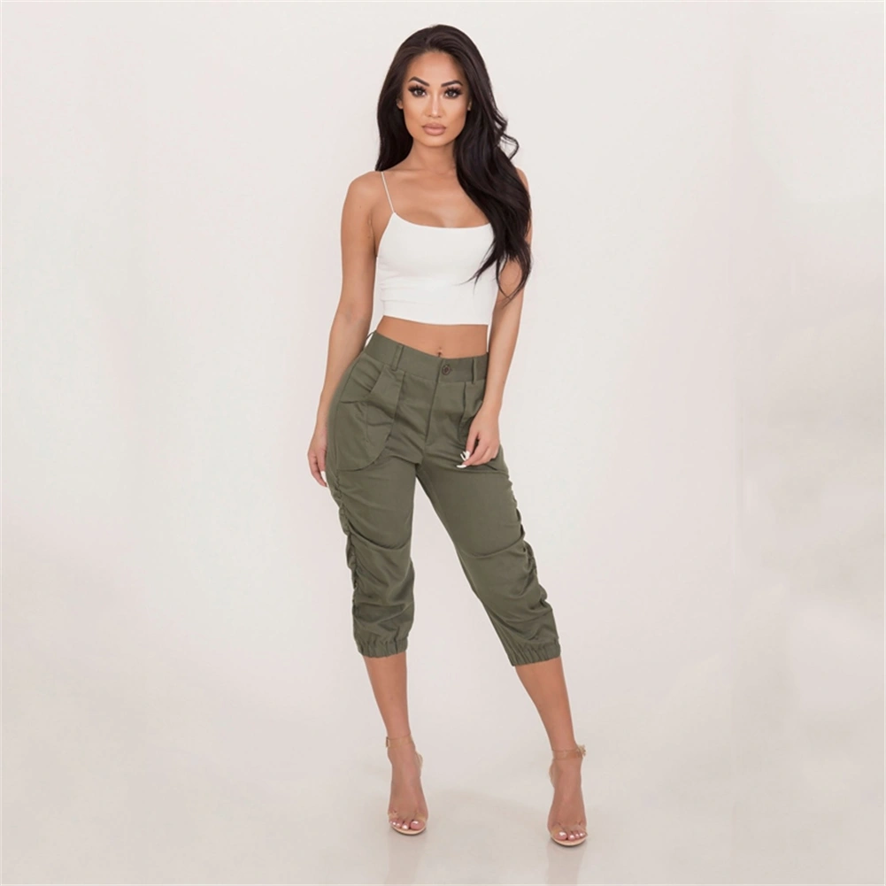 Women Cropped Pants, Solid Color Side Pockets High Waist Cargo Pants