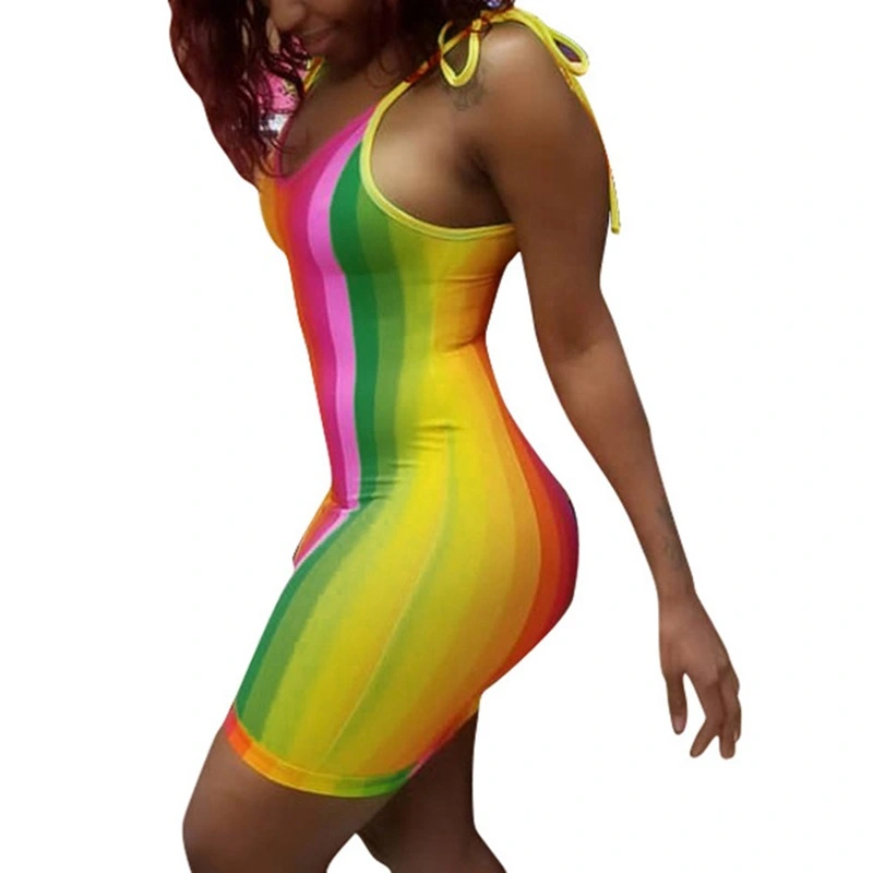 Women's Spaghetti Rainbow Stripe Printed Bodycon Mini Dress Clubwear