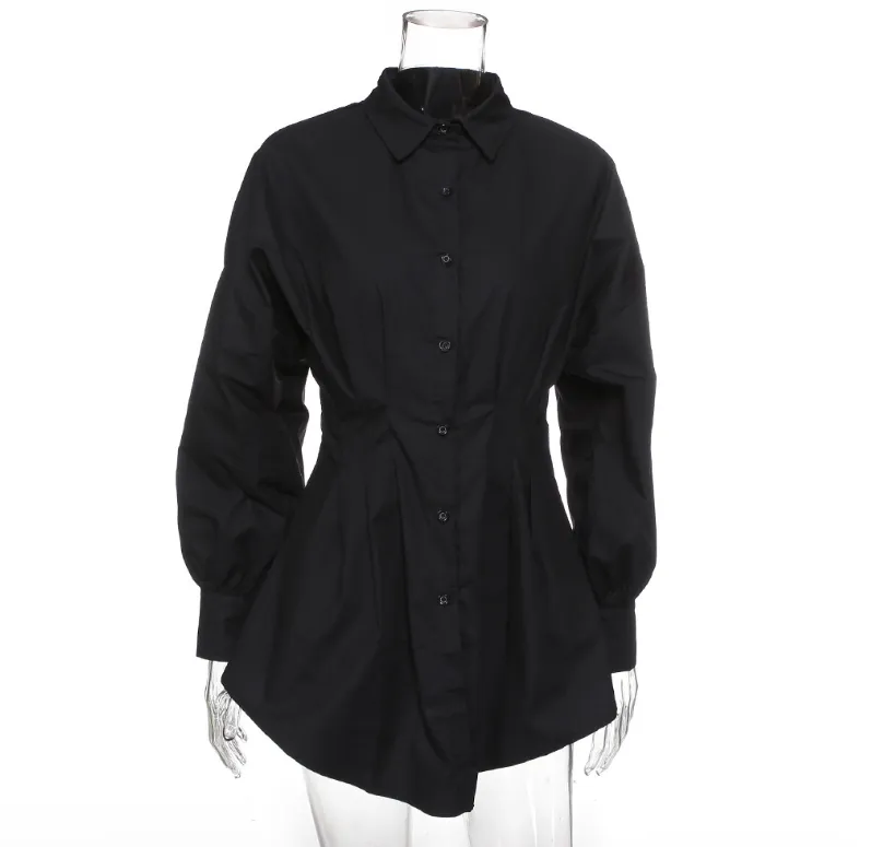 Women Pre-Autumn Shirt Mini Dress Deep V Neck Button Lantern Long Sleeve Blouse