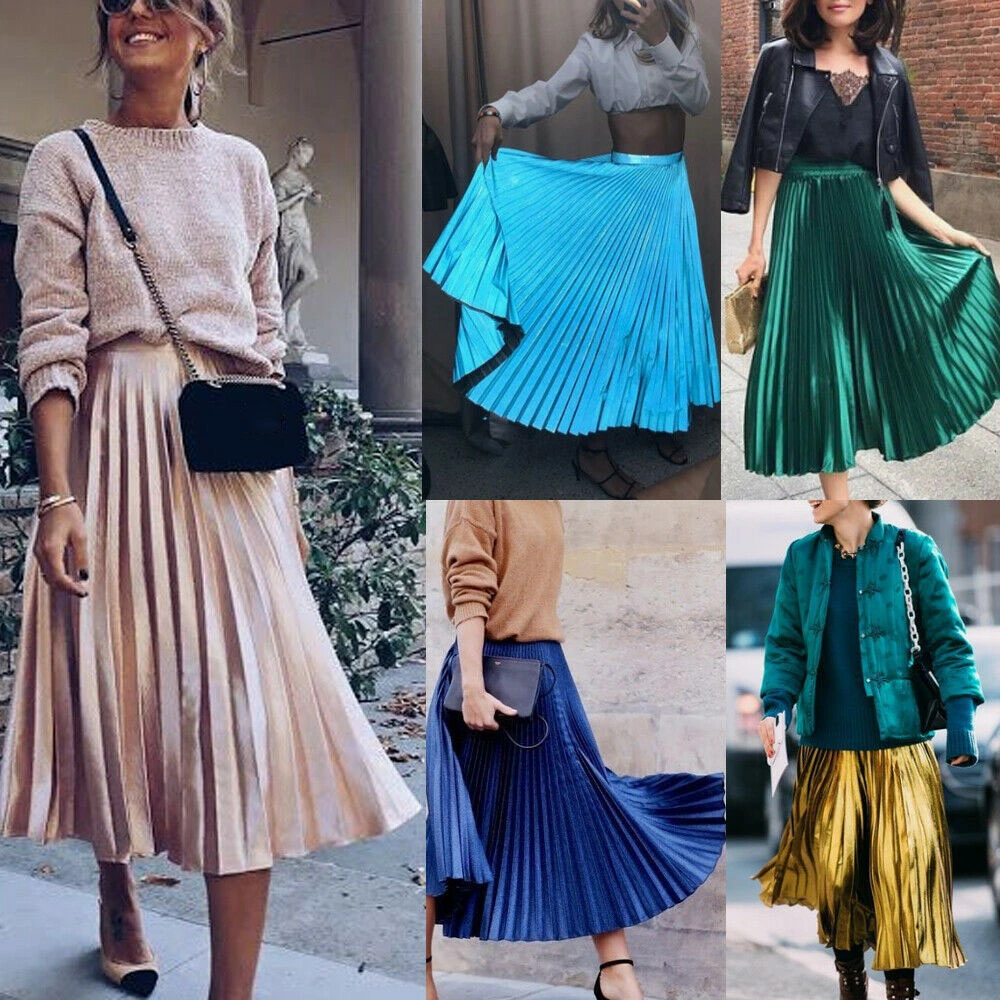 Women’s Fashion Solid Color High-waist Long Pleated A-line Skirt