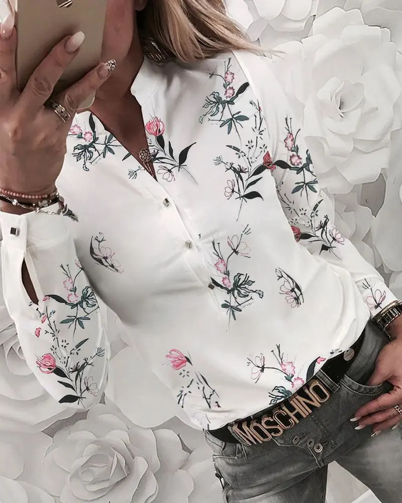 Female Shirt, Women’ s Floral Print Stand Collar Long Sleeve Blouse