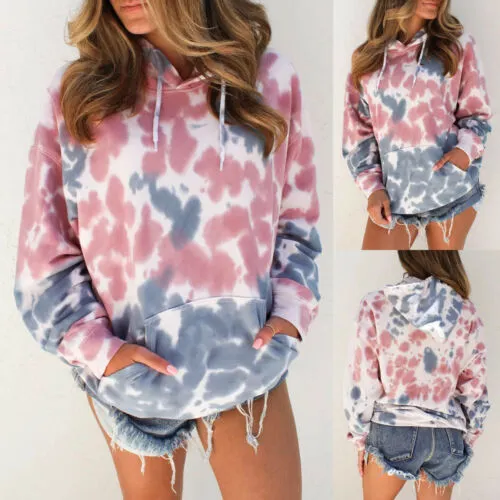 Women Warm Hoodie, Tie Dyeing Long Sleeve Hooded Front Big Pocket Sweatshirt