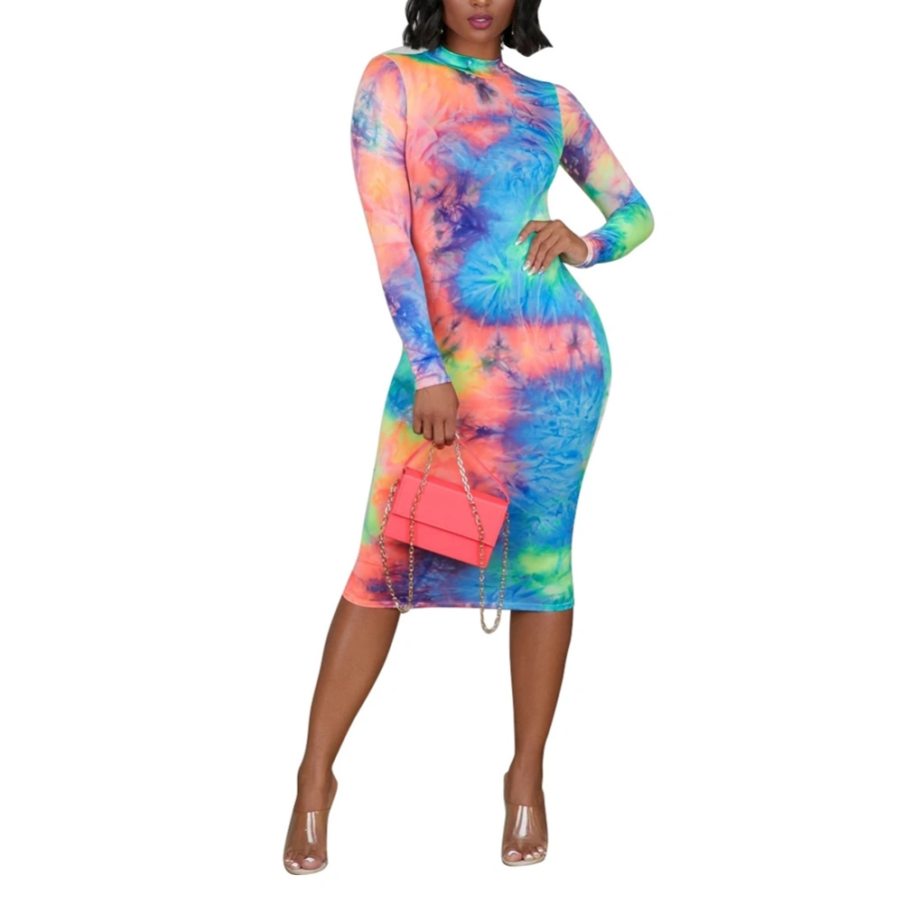 Women's Tie Dye Printed Long Sleeve O-Neck Knee Length Slim Dress