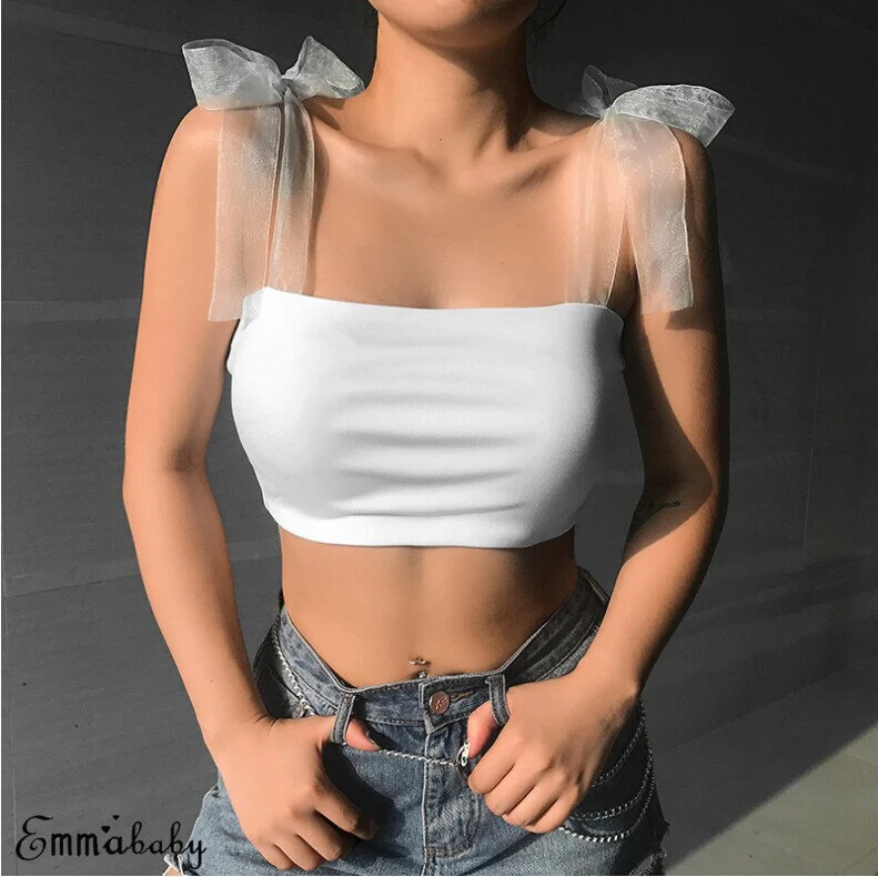 Women Summer Casual Crop Top Strappy Sexy Bandage Solid Blouse