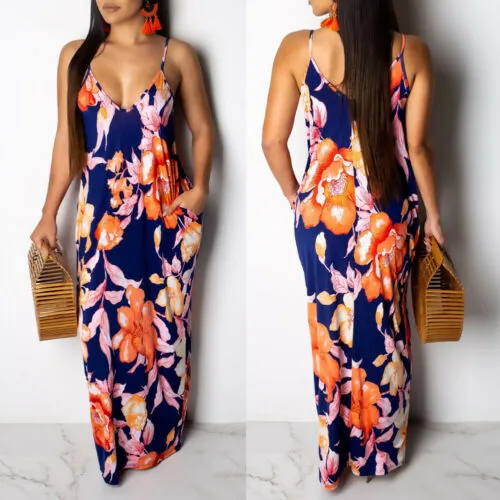 Women Sexy Dress, Sling Leaves/Floral Low Chest Deep V-Neck Dress