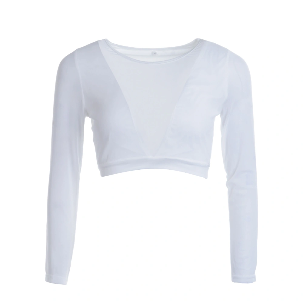 Women's Long Sleeve Short Tops, Mesh Patchwork Solid Color O-Neck Tops