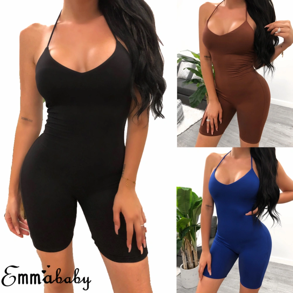 Women Sleeveless Bodycon Jumpsuit, Solid V-neck Shorts Bodysuit