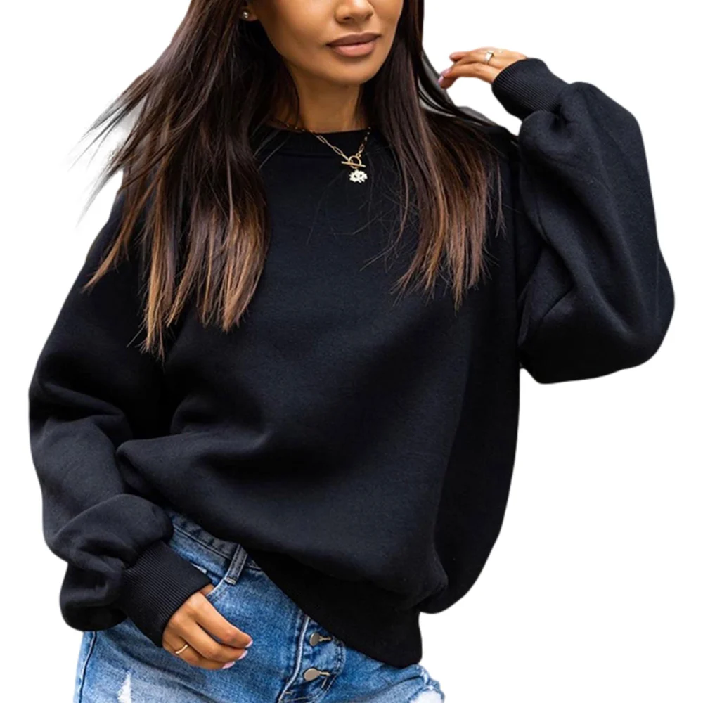 Women Casual Sweatshirt, Solid Color Round-Neck Long Sleeve Jumper