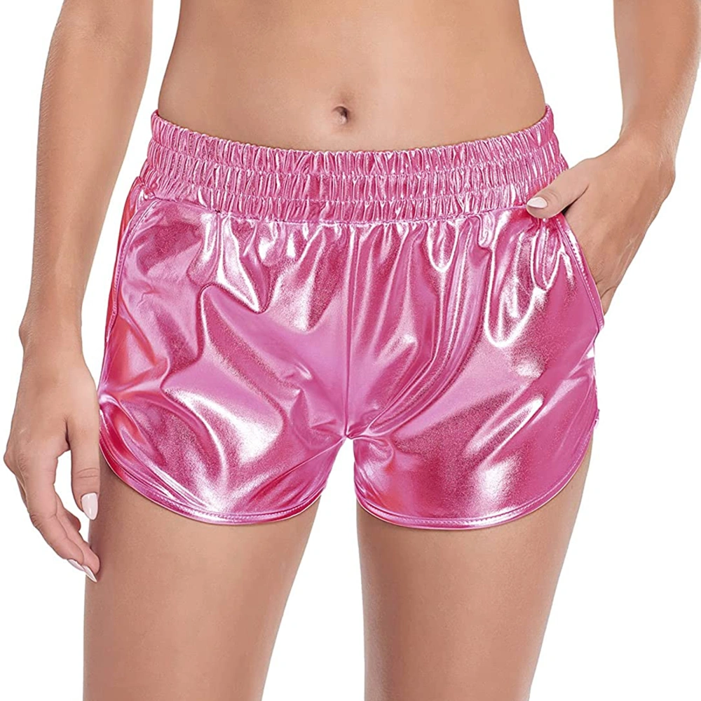 Ladies Shorts, Girls Metallic Color Elastic Mid Waist Short Trousers