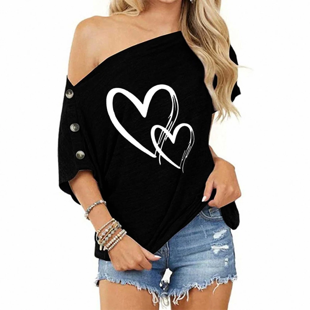 Women's Short Sleeve T-Shirt, Hearts Pattern Oblique Shoulder Tops