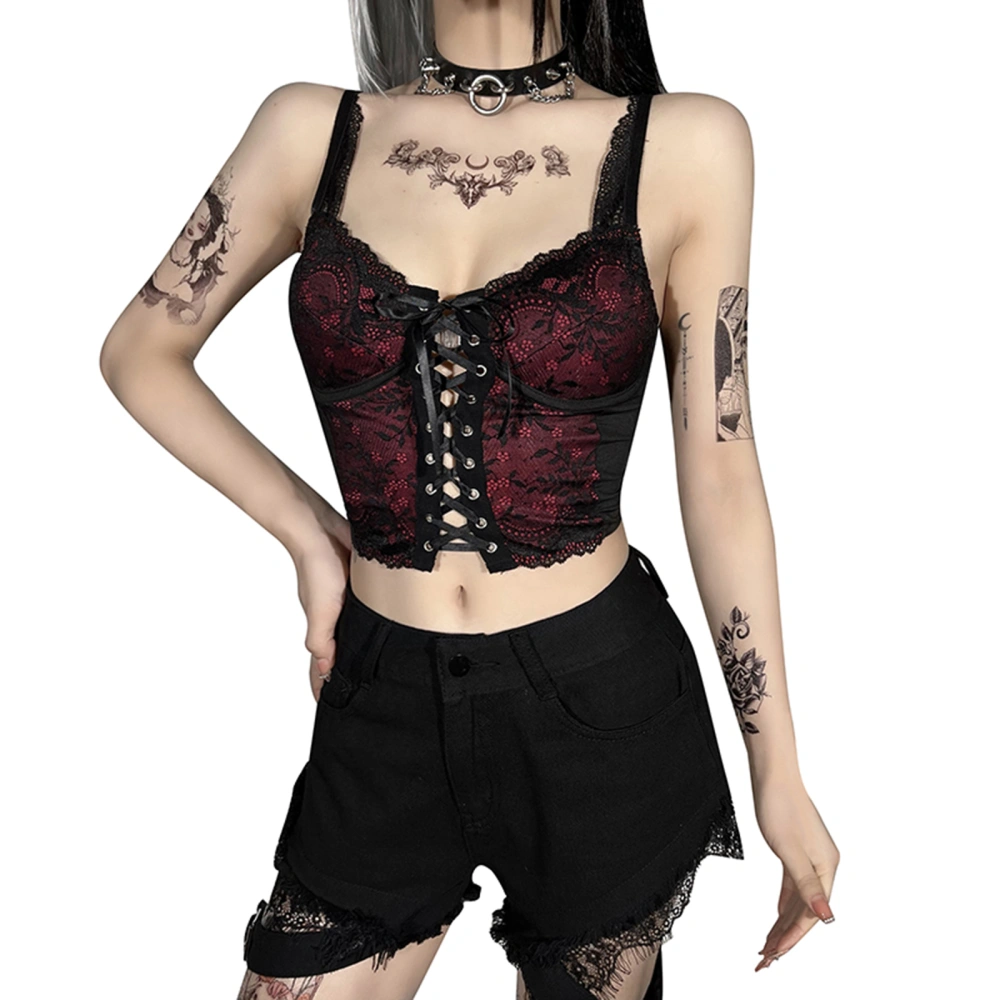 Ladies Vest Tops Drawstring Tie Dark Style V-neck Lace Vest 