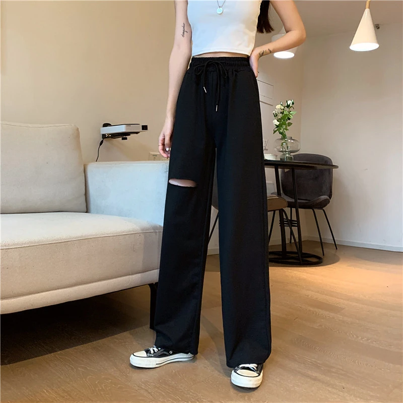 Female Solid Color High Waist Ripped Trousers with Drawstring