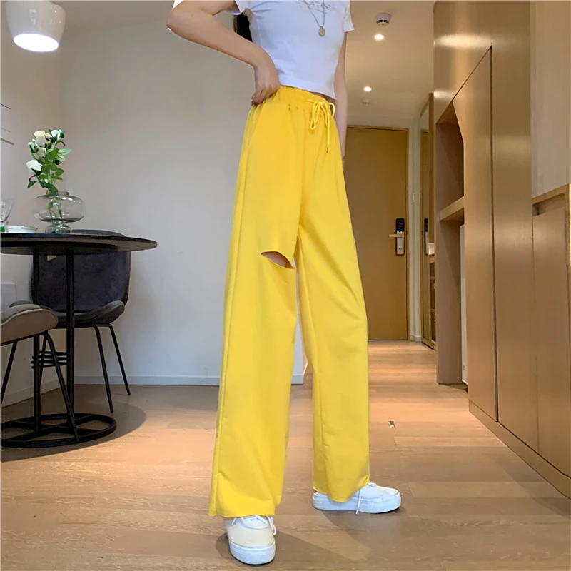 Female Solid Color High Waist Ripped Trousers with Drawstring