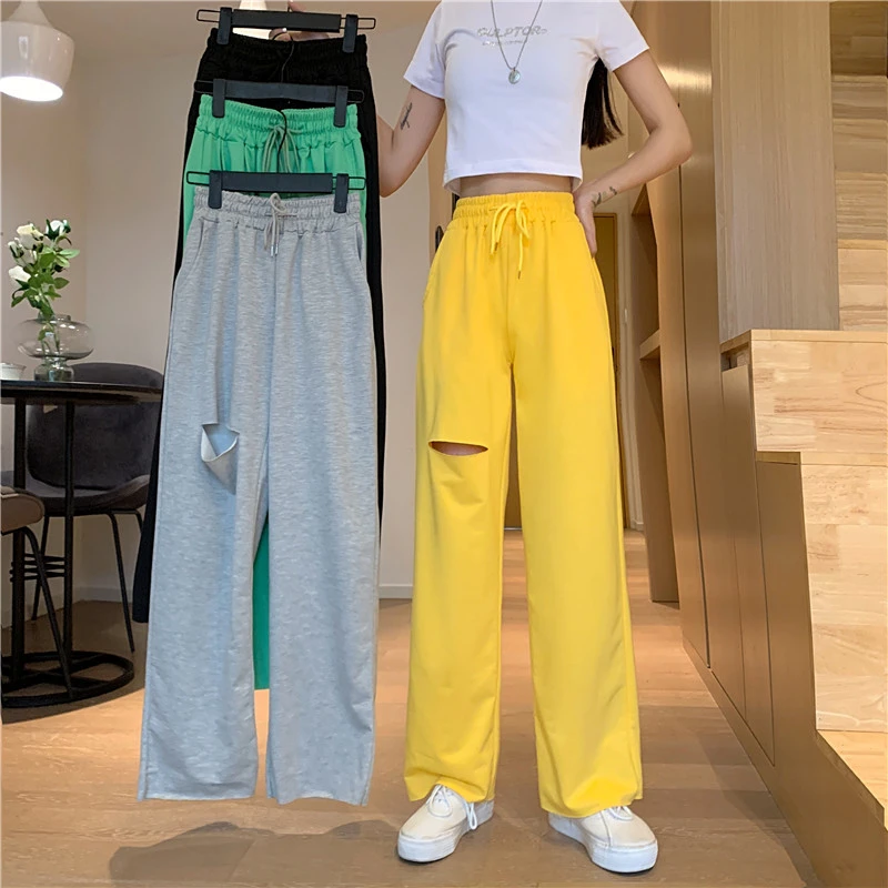 Female Solid Color High Waist Ripped Trousers with Drawstring