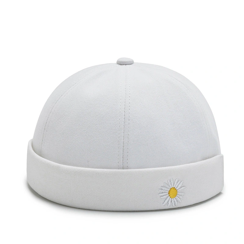 Brimless Skull Watch Cap Adjustable Docker Hat with Floral Embroidery for Women