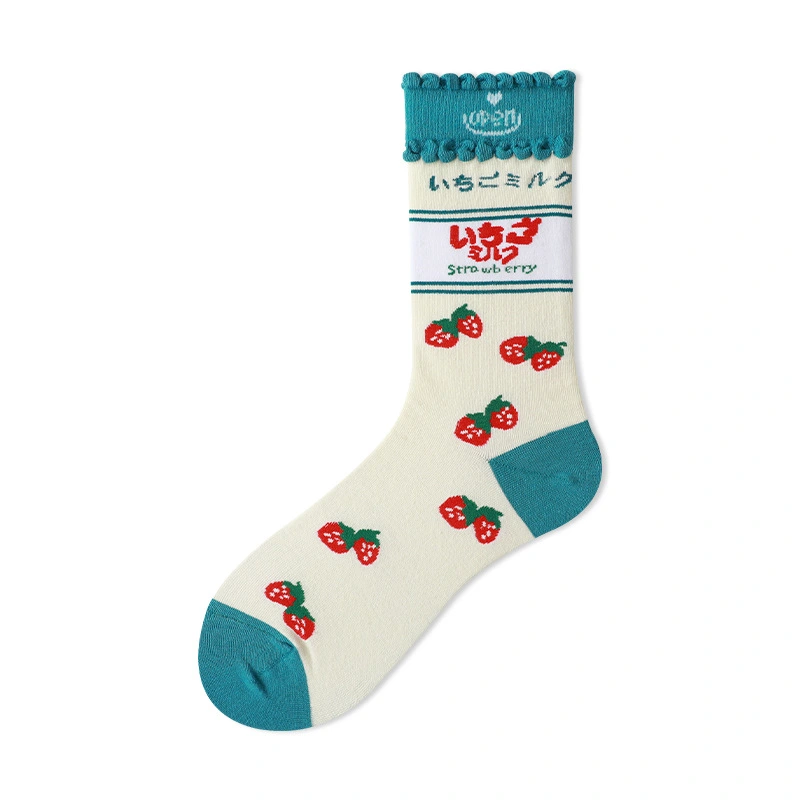 Female Cartoon Cotton Socks, Medium Socks Milk Strawberry Patterns