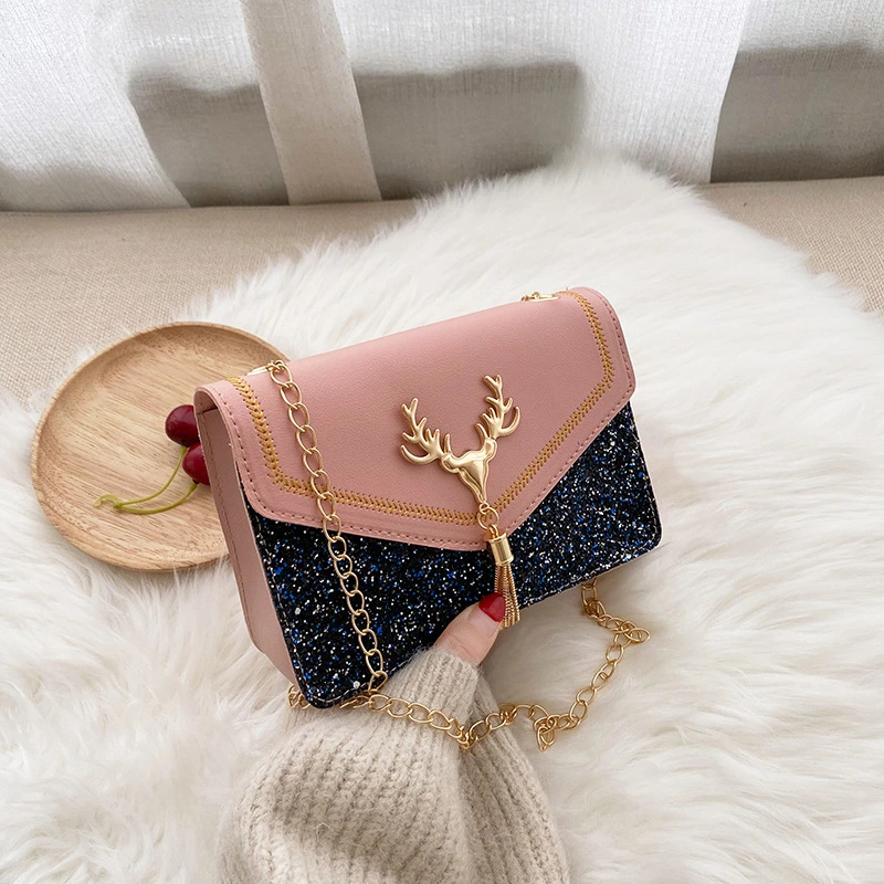 Ladies Sequins Square Shoulder Bag, Casual Chain Messenger Bag