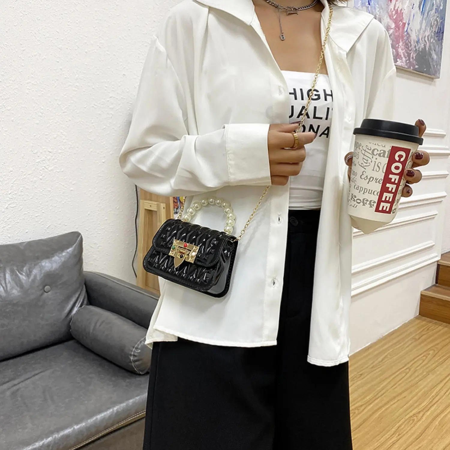 Women Mini Crossbody Purse Handbag with Pearl Handle and Chain Strap
