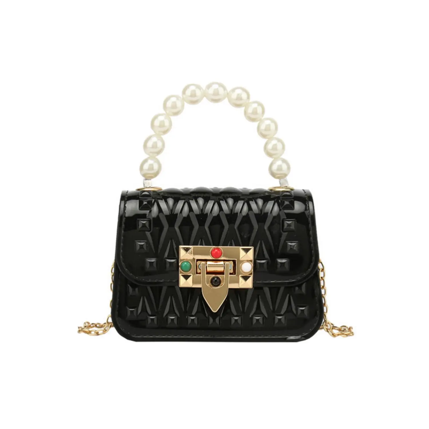 Women Mini Crossbody Purse Handbag with Pearl Handle and Chain Strap