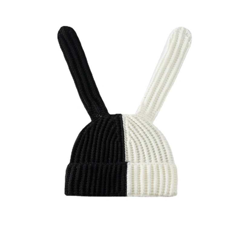 Women Rabbit Ear Knitted Hat Sweet Contrast Color Bunny Ear Hat