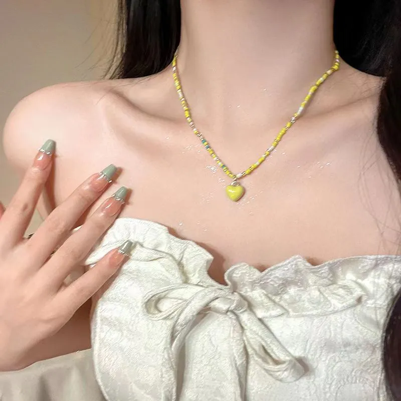 Women Heart Necklace Beaded Chain Choker Necklace Charm Necklaces 
