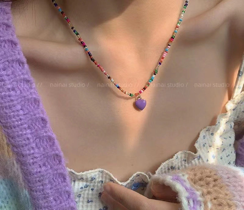 Women Heart Necklace Beaded Chain Choker Necklace Charm Necklaces 