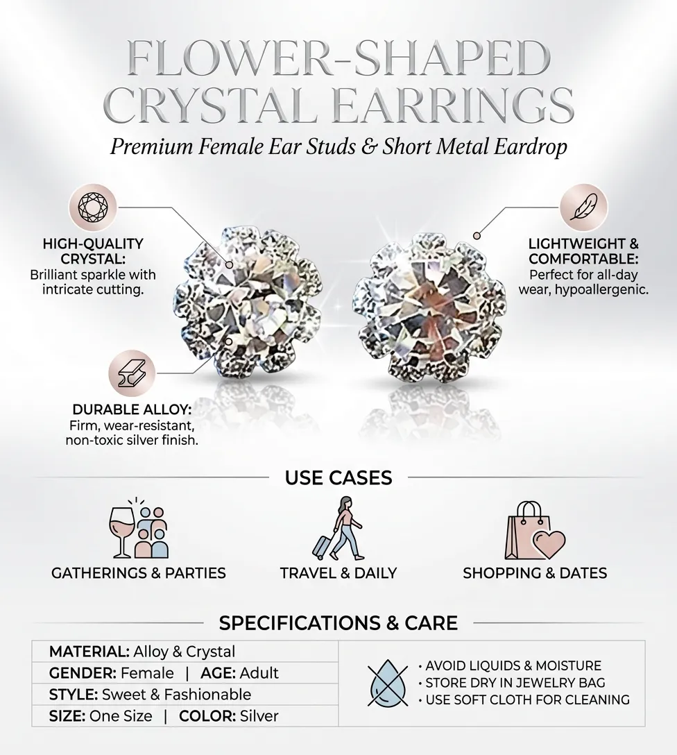 Female Ear Studs, Flower-Shaped Crystal Earrings Short Metal Eardrop