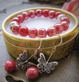 Ladies Jewelry Set Light Ceramic Round Bead Earring Bracelet