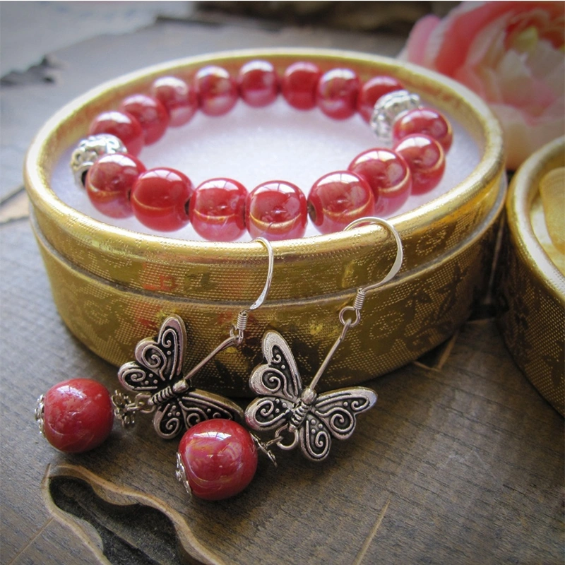 Ladies Jewelry Set Light Ceramic Round Bead Earring Bracelet