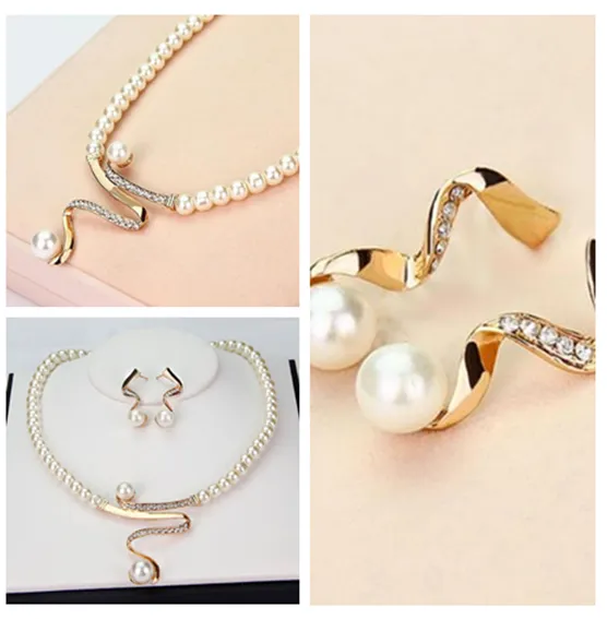Women Necklace Set, Pearl Stud Earrings, Rhinestone & Pearls Elegant Necklace