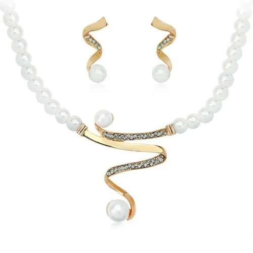 Women Necklace Set, Pearl Stud Earrings, Rhinestone & Pearls Elegant Necklace